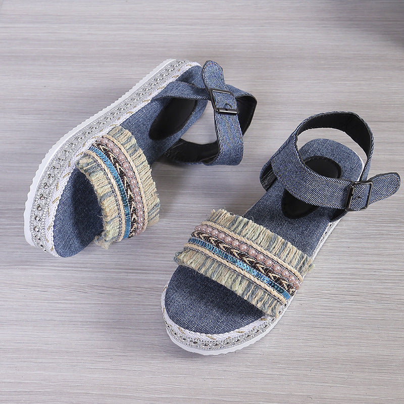 Fashion Tassel Denim Sandals With Thick-soled Flat Heel New Summer Hemp Rope Sole Ethnic Style Shoes For Women