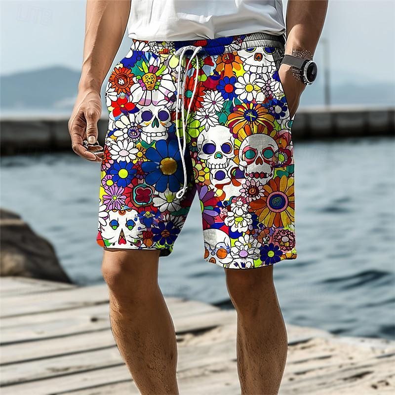 Men's Sports Looped Pile Shorts Drawstring Elastic Waist Smiley 3D Printed Casual Beach Pants