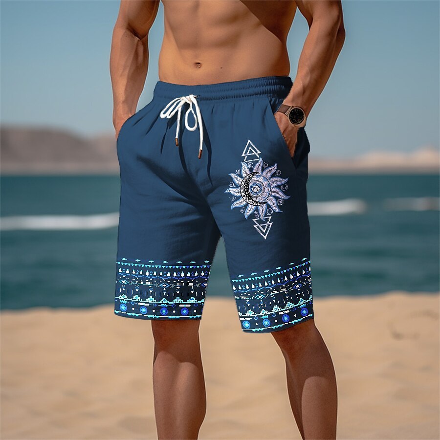 Men's Sports Looped Pile Shorts Drawstring Elastic Waist Smiley 3D Printed Casual Beach Pants