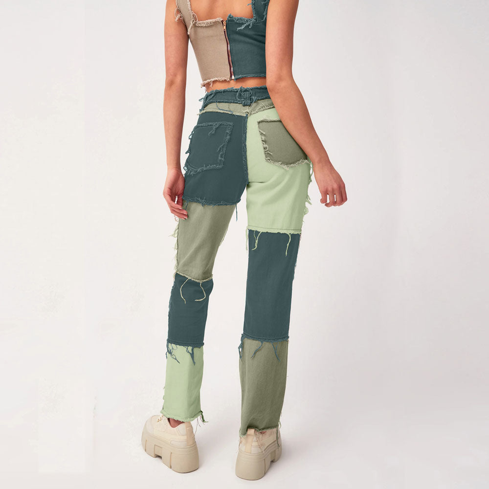 Women's Mixed Color Stitching High Waist Tight Hip Denim Pants