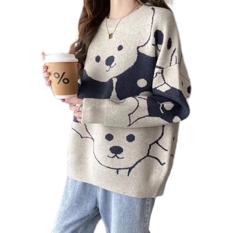 Crew Neck Loose Cartoon Bear Sweater Female Korean Version Pullover Knitted