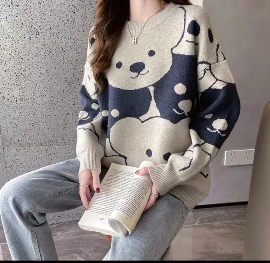 Crew Neck Loose Cartoon Bear Sweater Female Korean Version Pullover Knitted