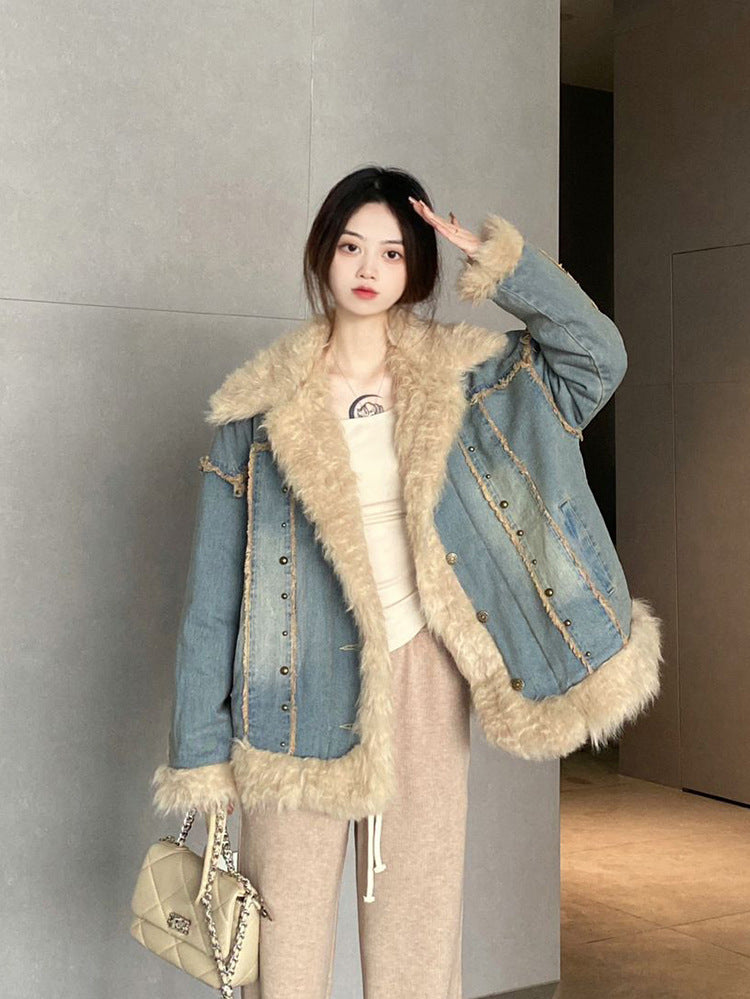 Denim Fur Collar Coat Women's Winter Hong Kong Style Vintage Top