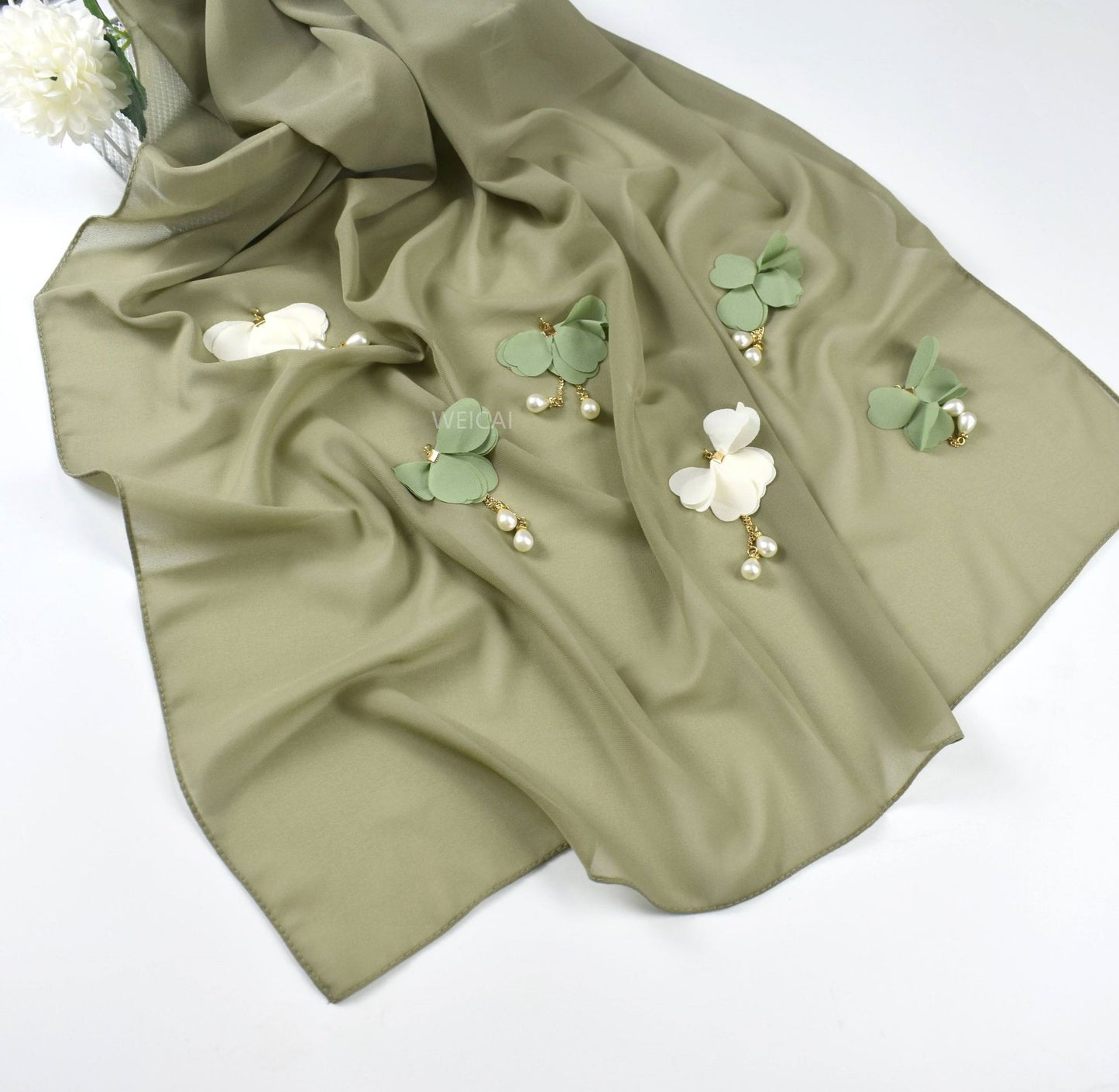 Pearl Chiffon Female Hijab Flower Hui Gauze Scarf