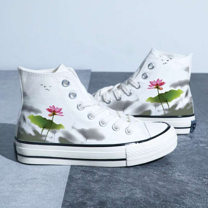 Chinese Style Canvas Shoes Retro Landscape Painting Lotus Pond Bamboo Forest Student High-top Board Shoe