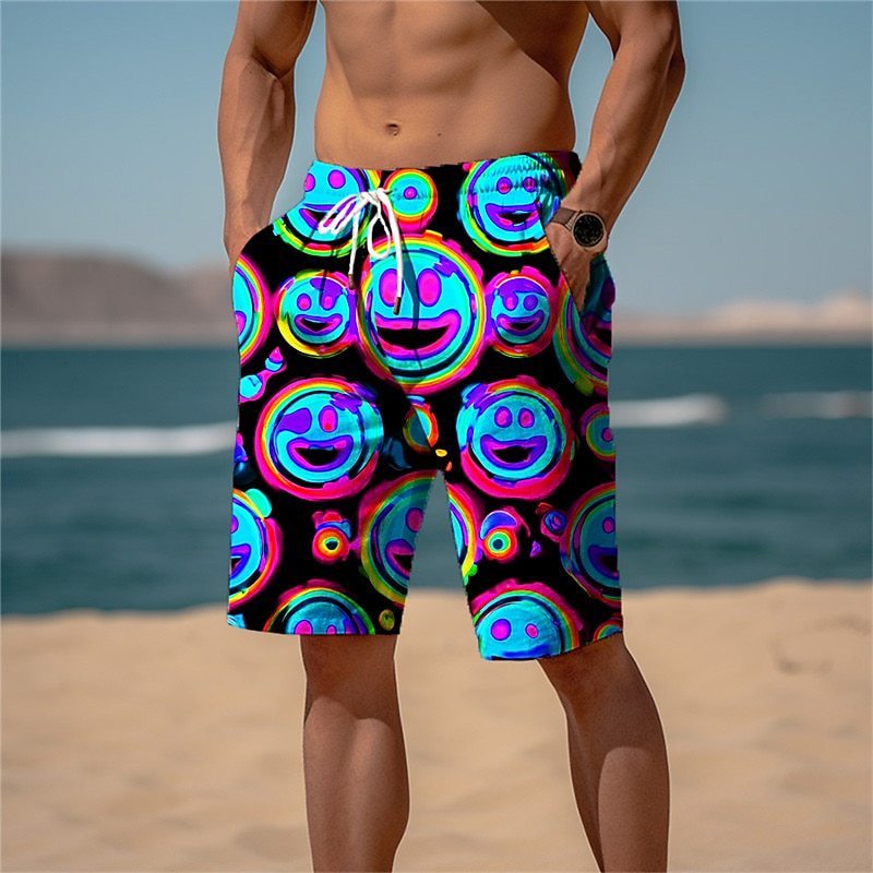 Men's Sports Looped Pile Shorts Drawstring Elastic Waist Smiley 3D Printed Casual Beach Pants