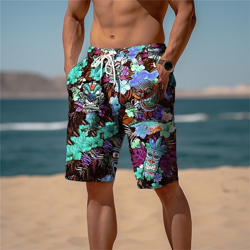 Men's Sports Looped Pile Shorts Drawstring Elastic Waist Smiley 3D Printed Casual Beach Pants