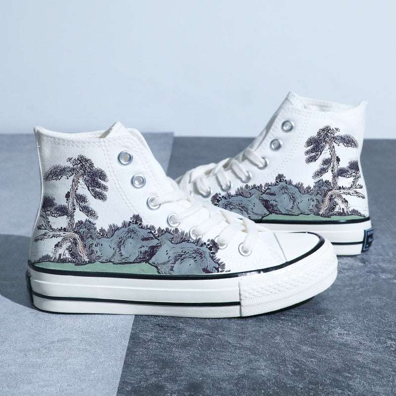 Chinese Style Canvas Shoes Retro Landscape Painting Lotus Pond Bamboo Forest Student High-top Board Shoe