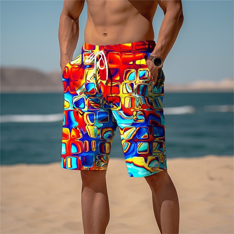 Men's Sports Looped Pile Shorts Drawstring Elastic Waist Smiley 3D Printed Casual Beach Pants