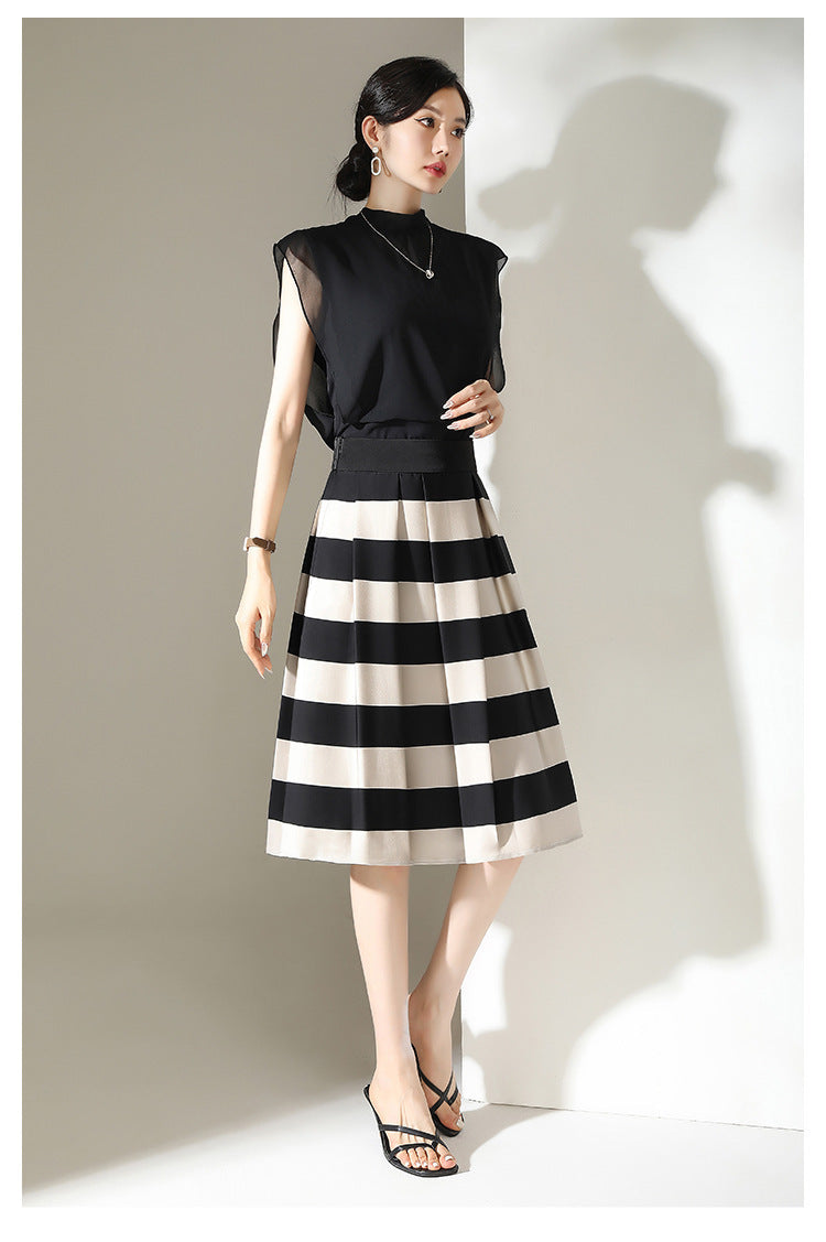 Striped Minimalist Stitching Fashion Pleated A- Line Skirt