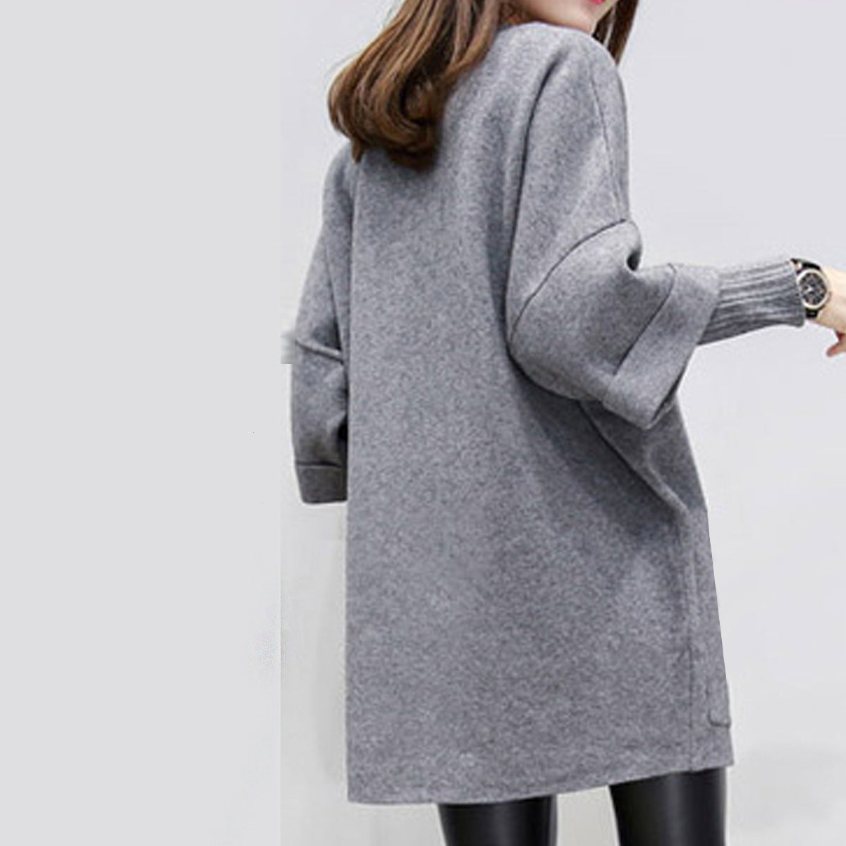 Women's Gray Round-collar Long-sleeved Sweater