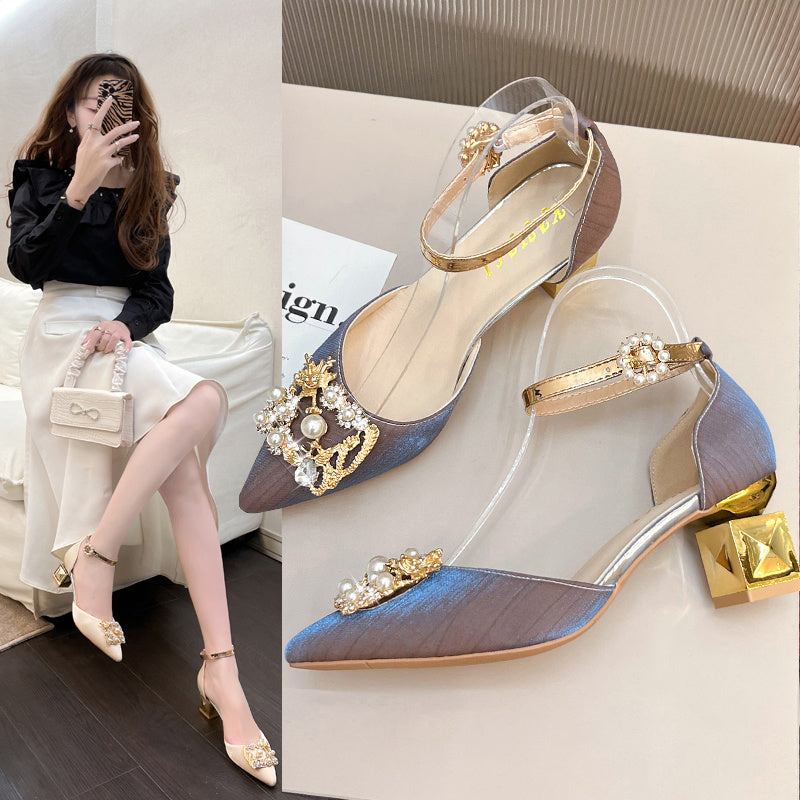 Exquisite Diamond-encrusted Pearl Square Buckle Fairy Wind One-button High Heels