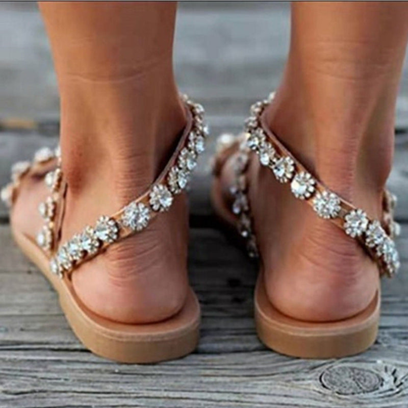 Women's Sandals Mules Boho Beach Shoes Rhinestone Lace Beading Flat Slippers