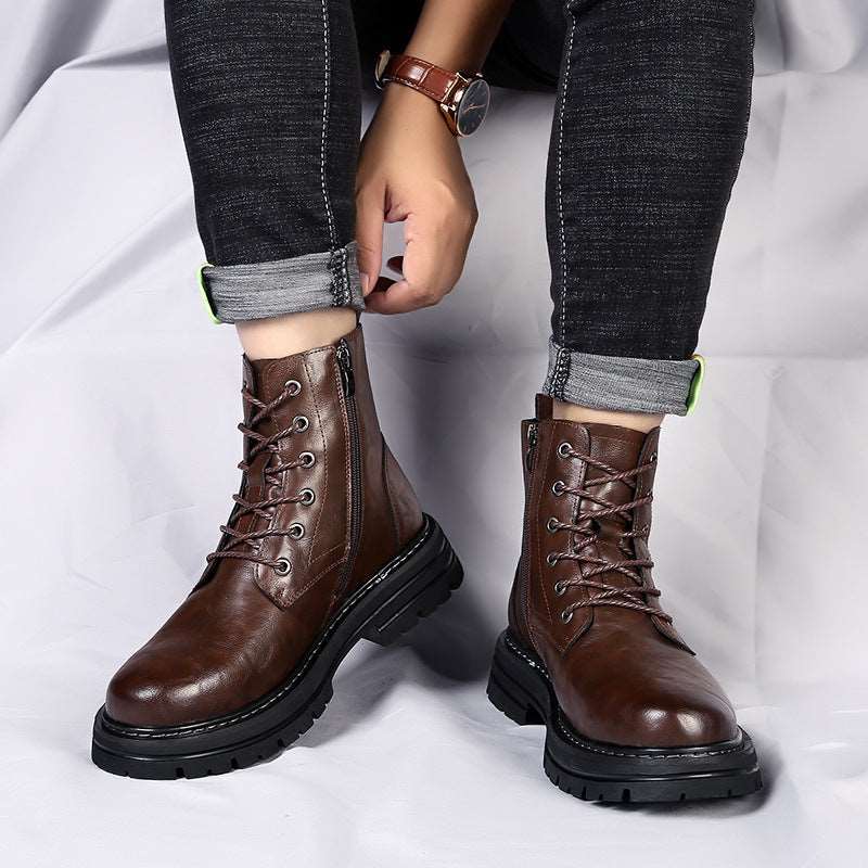 Autumn And Winter Cowhide Casual Men's Boots Thick Bottom Round Toe Warm