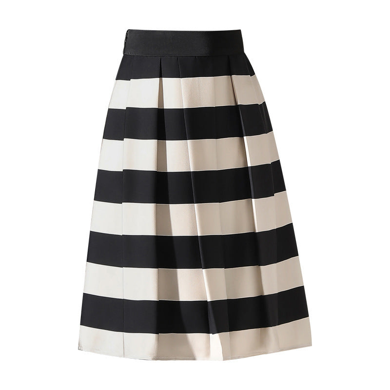 Striped Minimalist Stitching Fashion Pleated A- Line Skirt