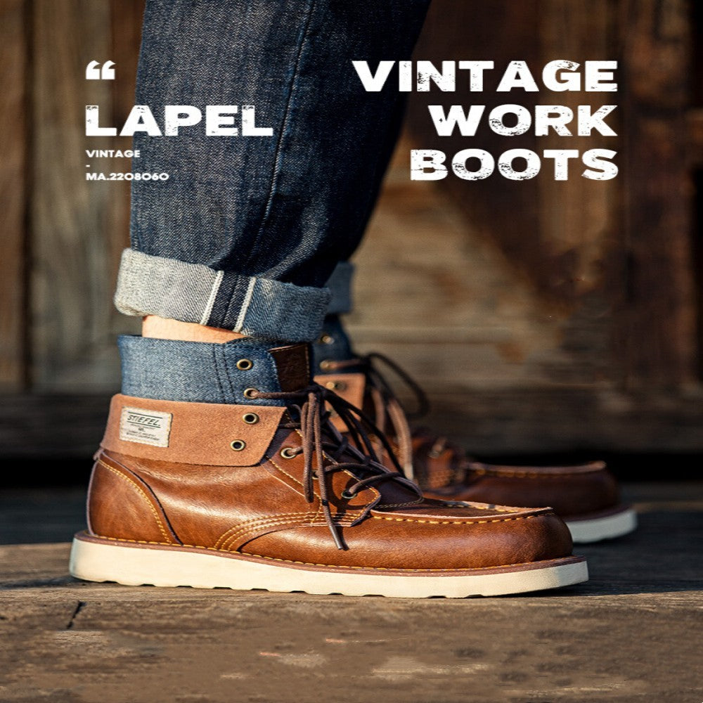 Lapel Vintage Work Boots Men's Denim High-top  Boots