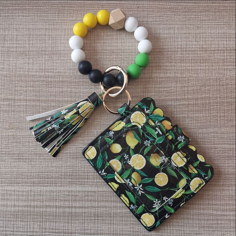 Fashion Beaded Bracelet Girls Small Wallet Lemon Printing Card Holder Silicone Beads Bracelet Keychain Credit