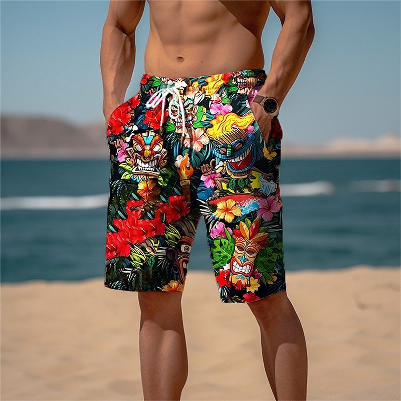 Men's Sports Looped Pile Shorts Drawstring Elastic Waist Smiley 3D Printed Casual Beach Pants