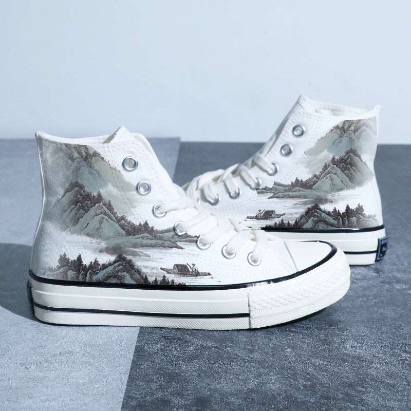 Chinese Style Canvas Shoes Retro Landscape Painting Lotus Pond Bamboo Forest Student High-top Board Shoe