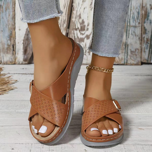 New Buckle Cross-design Slippers Summer Wedges Sandals Fashion Women's Beach Shoes