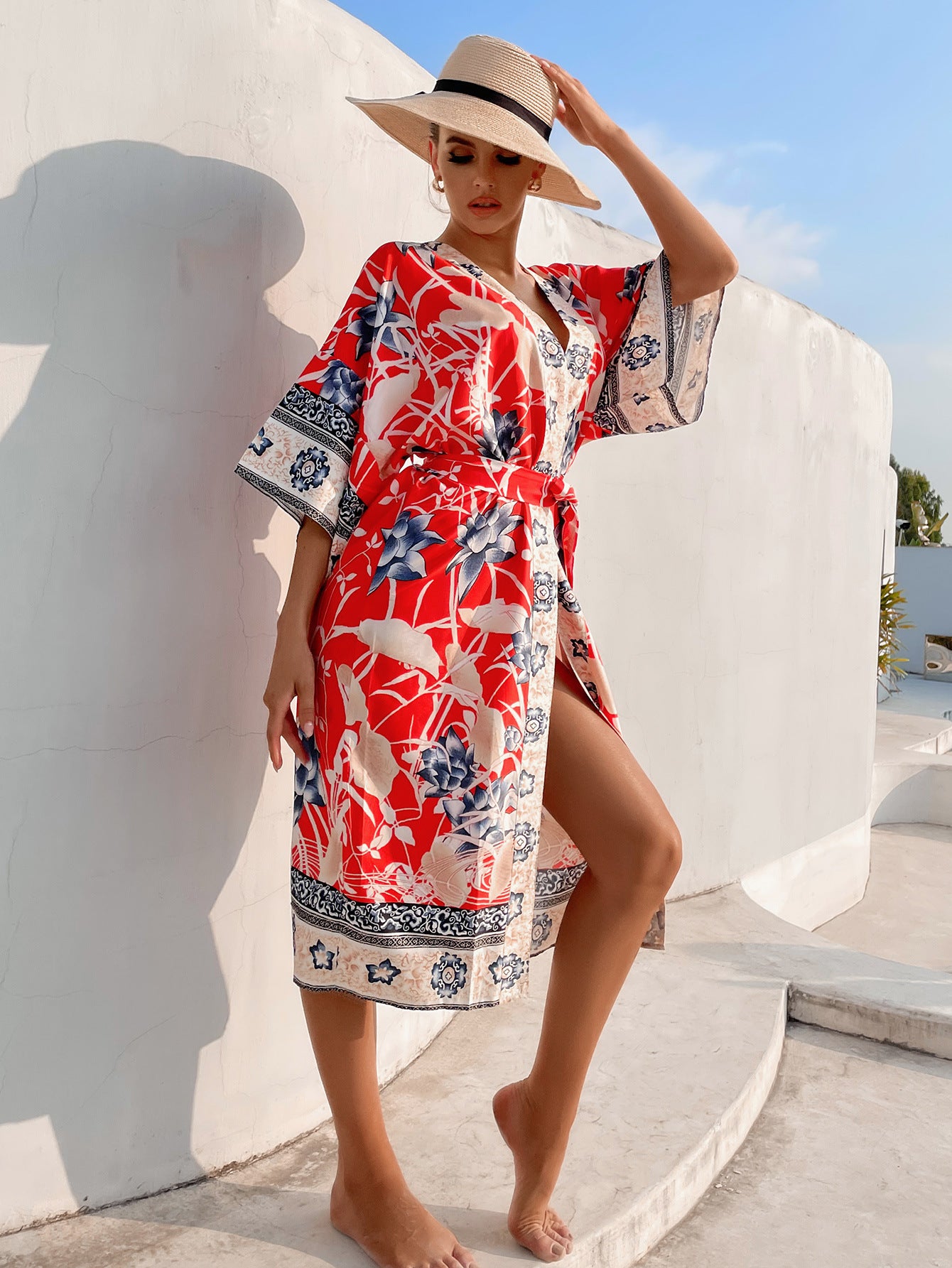 Women's Sun Protection Beachwear Dress Blouse Long Kimono Printed Sexy Bikini