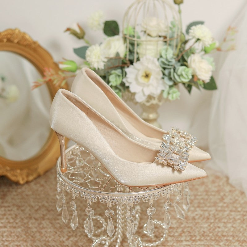 Wedding Dress Two-way Wear Pointed-toe Stiletto Bride Shallow Mouth Pumps Women High Heels