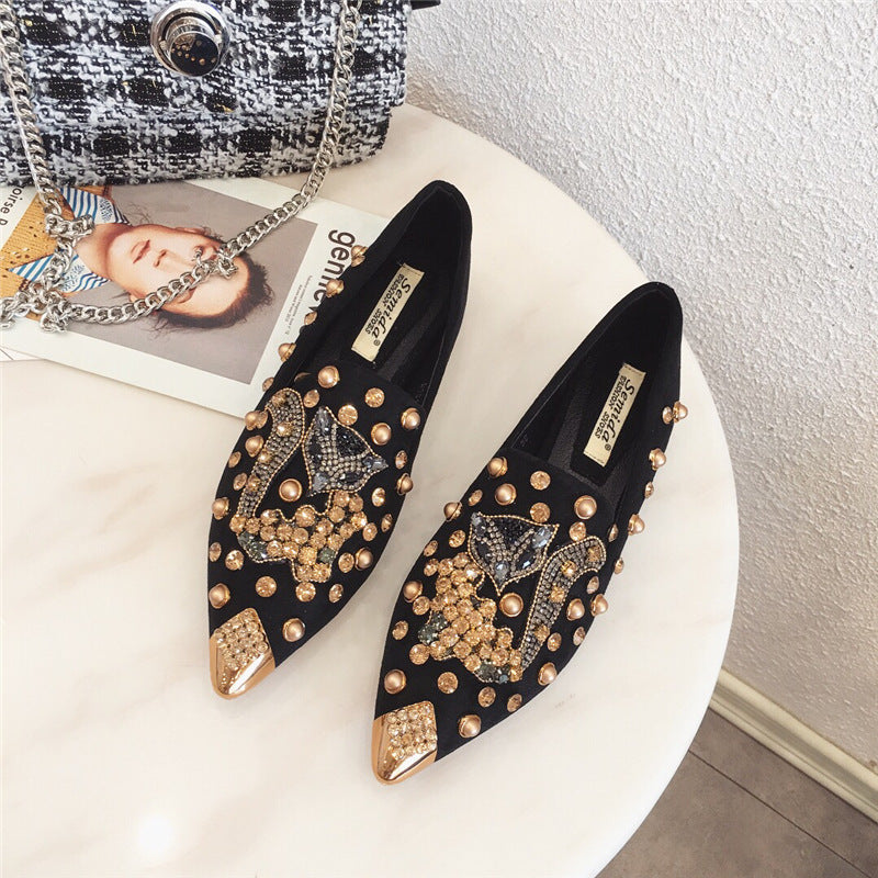 Women's Rhinestone Pointed Toe Rivet Flat Shoes