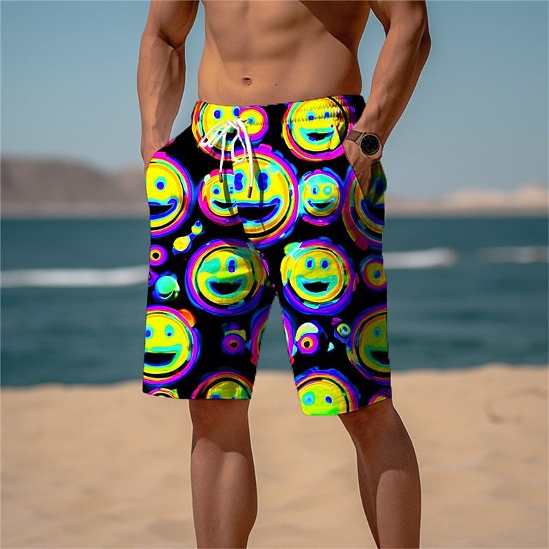 Men's Sports Looped Pile Shorts Drawstring Elastic Waist Smiley 3D Printed Casual Beach Pants