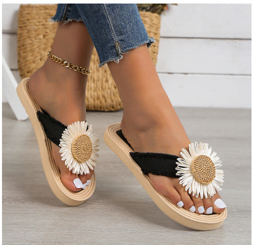 Summer New Fashion Women's Linen Fashion Simple Flower Flat Casual Sandals