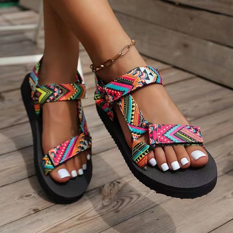 Printed Velcro-design Sandals Summer Ethnic Style Thick Flat Sandals Women's Fashion Casual Beach Shoes