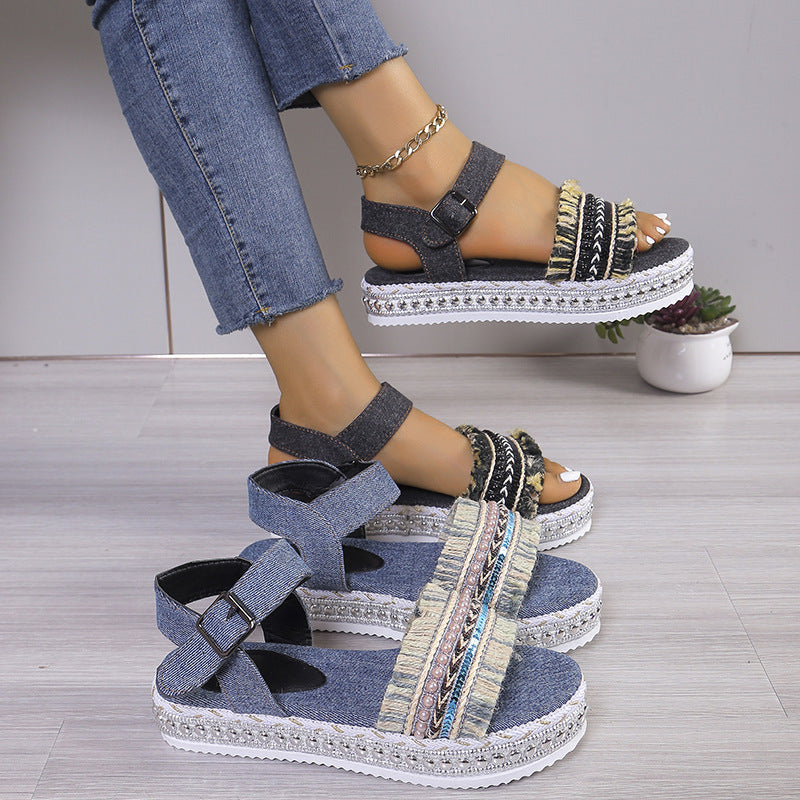 Fashion Tassel Denim Sandals With Thick-soled Flat Heel New Summer Hemp Rope Sole Ethnic Style Shoes For Women