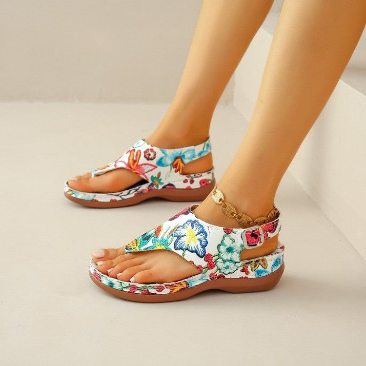 Herringbone Sandals Ethnic Style Embroidered Flower Back Buckle Wedge