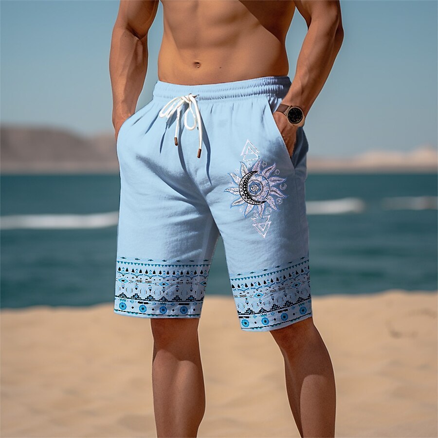 Men's Sports Looped Pile Shorts Drawstring Elastic Waist Smiley 3D Printed Casual Beach Pants