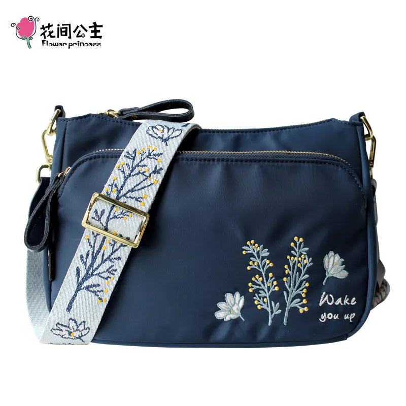 Flower Princess Embroidery Wide Strap Crossbody Bag for Women