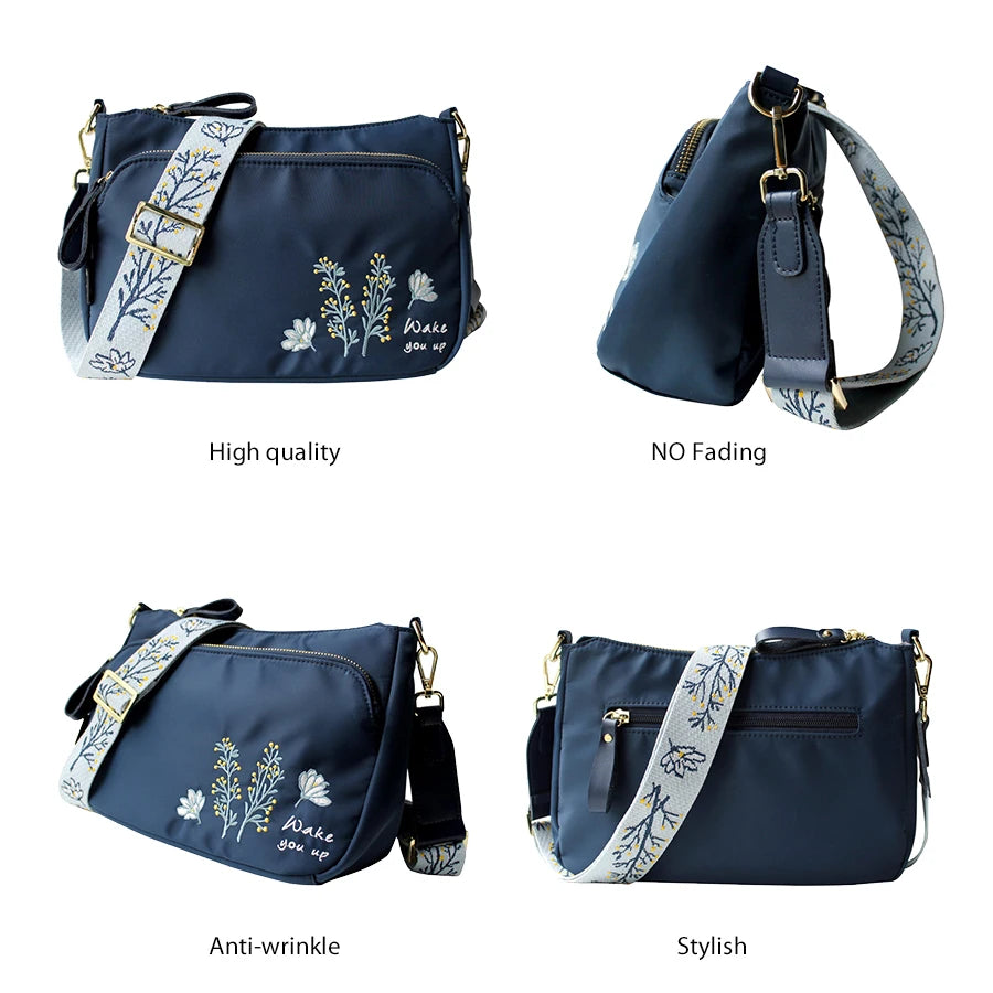 Flower Princess Embroidery Wide Strap Crossbody Bag for Women