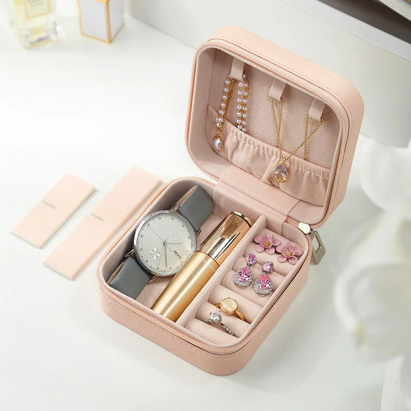 1PC Mini Jewelry Organizer Display Travel Jewelry Zipper Case Boxes Earrings Necklace Ring Portable Jewelry Box Leather Storage