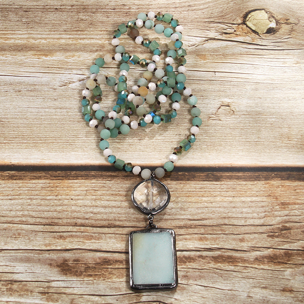 Fashion Bohemian Natural Stone Glass Knotted Necklace