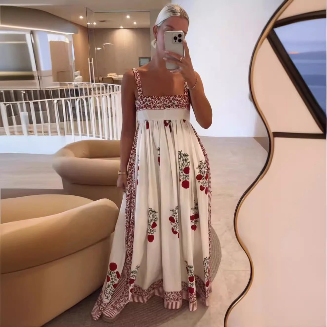 Women's Fashion High Waist Big Swing Positioning Printing Sling Long Dress