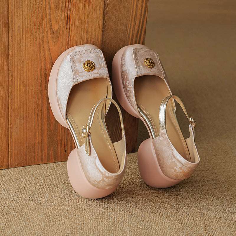 Camellia Baotou Hollowed Sandals Soft Leather Bottom Word Buckle High Heels