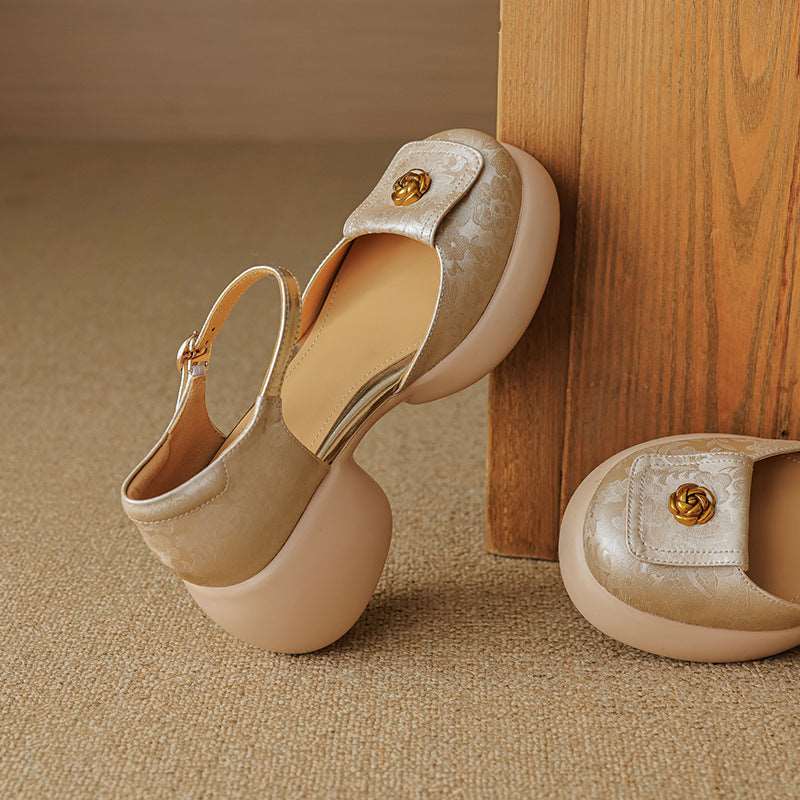 Camellia Baotou Hollowed Sandals Soft Leather Bottom Word Buckle High Heels