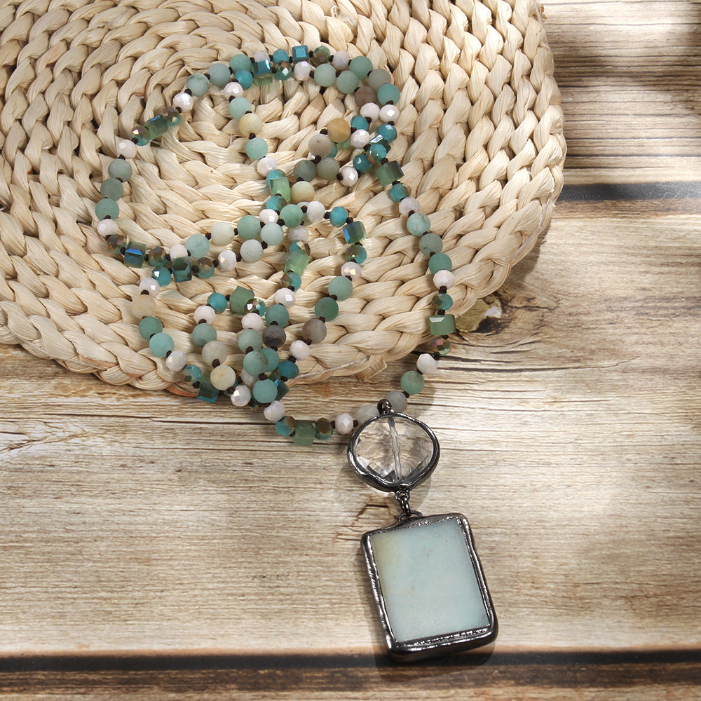 Fashion Bohemian Natural Stone Glass Knotted Necklace