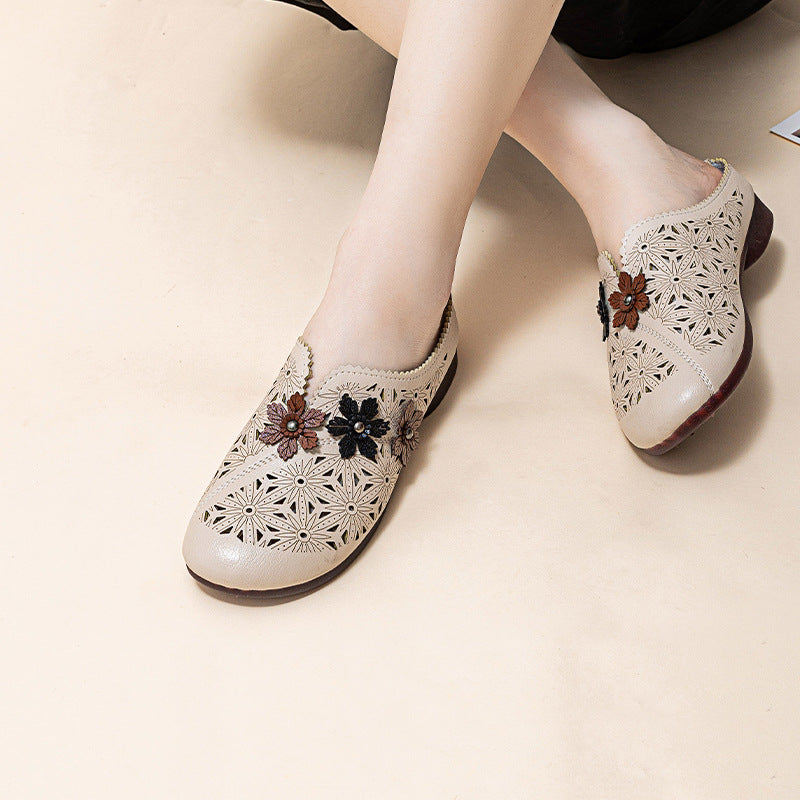 Non-slip Wear-resistant Women's Slippers Soft Bottom Soft Surface Flat Hollowed Leather Shoes