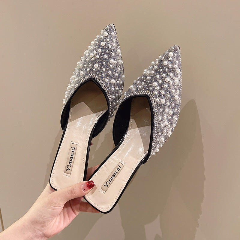 Women's Fashion Pointed Stiletto Heel Full Diamond Pearl Slippers