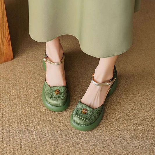 Camellia Baotou Hollowed Sandals Soft Leather Bottom Word Buckle High Heels