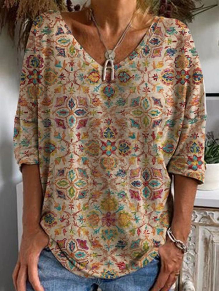 Women's Casual Printed V-neck Loose Mid-sleeve Top T-shirt