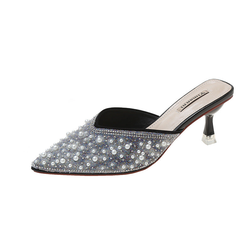 Women's Fashion Pointed Stiletto Heel Full Diamond Pearl Slippers