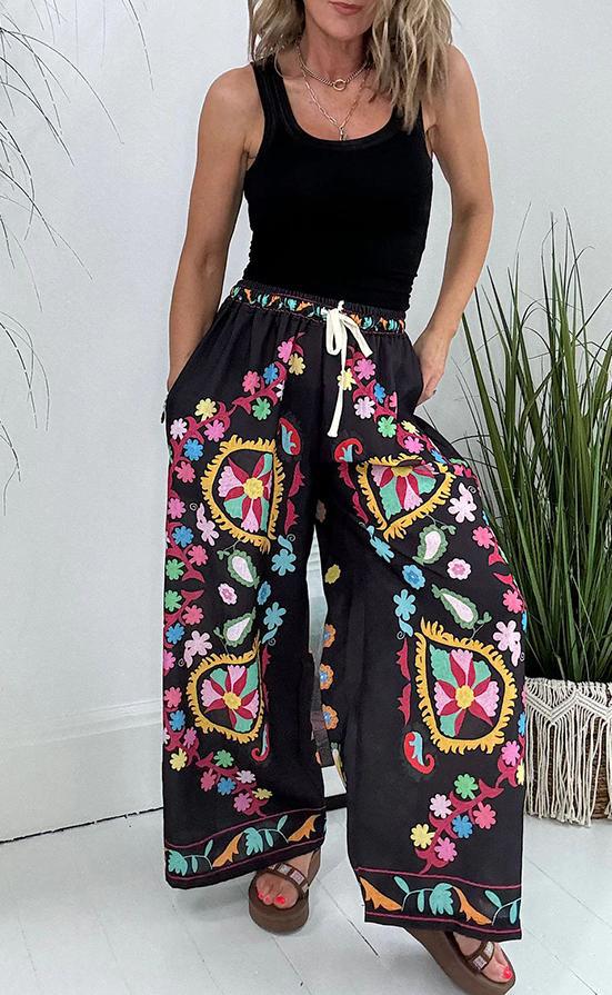 Women's Lace-up Denim Print Pocket Baggy Pants