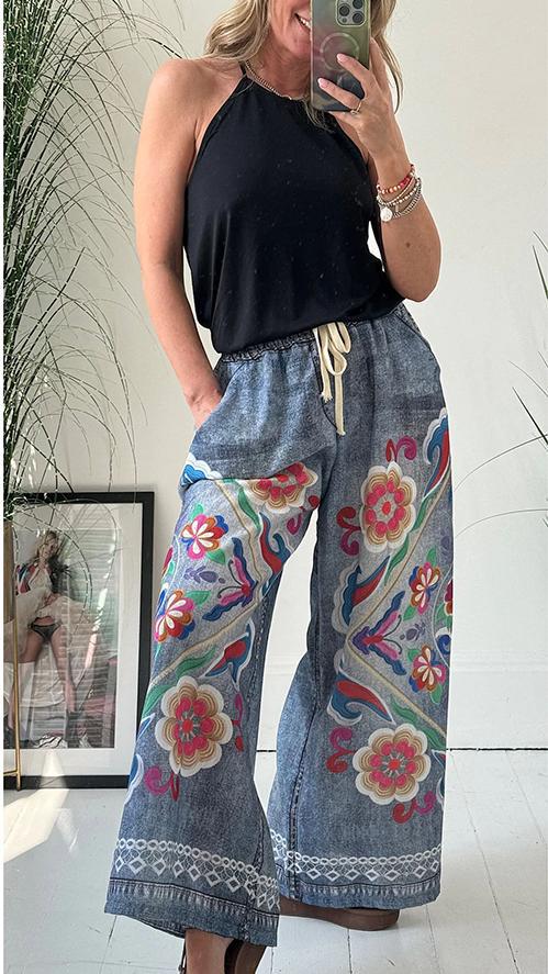 Women's Lace-up Denim Print Pocket Baggy Pants