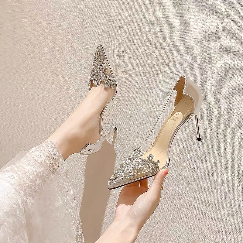 PVC Transparent High Heel Pointed Toe Rhinestone Champagne Wedding Shoes