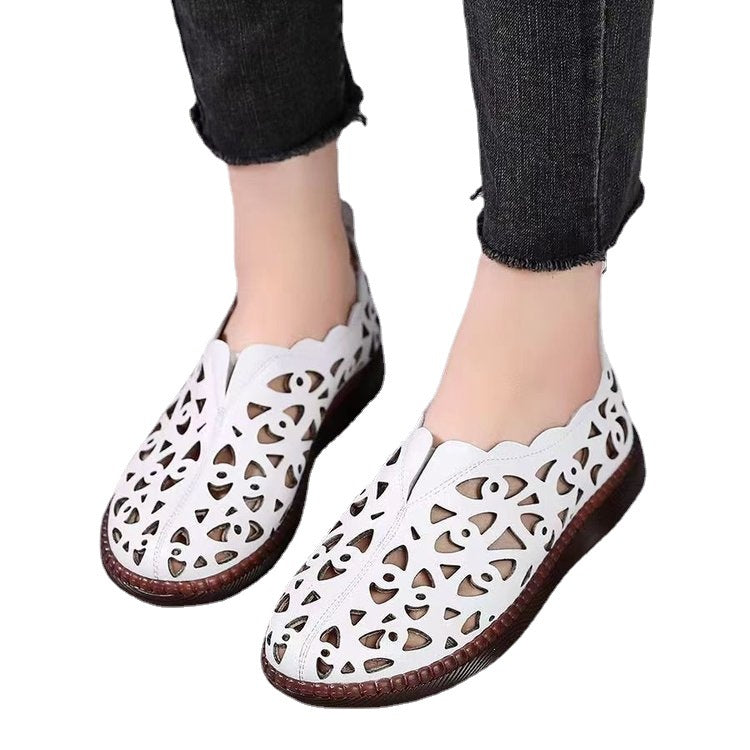 Summer Breathable Hollow Flat Round Toe Soft Bottom Plus Size Women's Hole Shoes